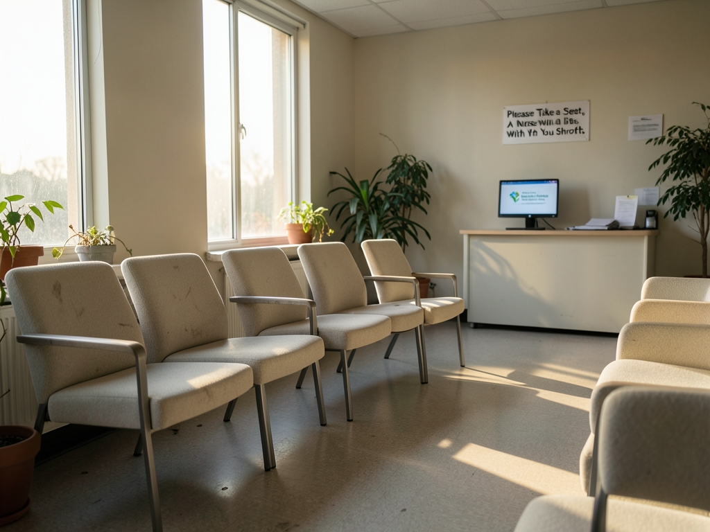 Empty clinic waiting room dawn soft daylight through