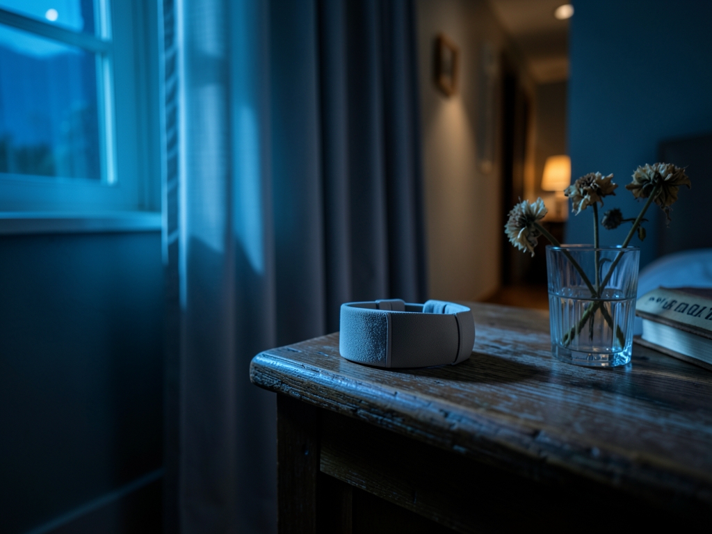 Moonlit bedroom neutral wrist brace wooden bedside table