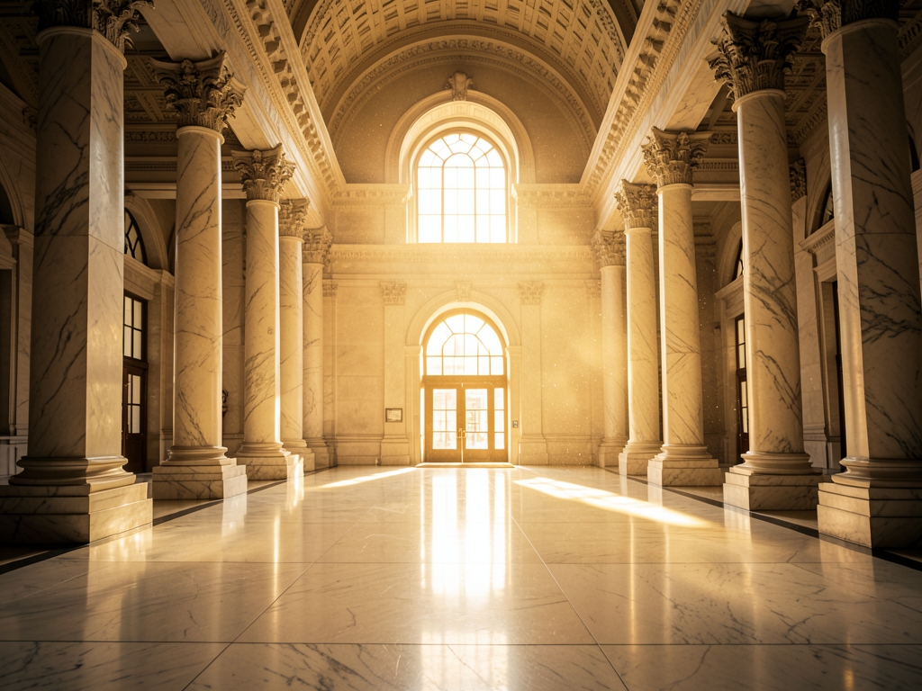 vast marble floored courthouse atrium with towering columns warm