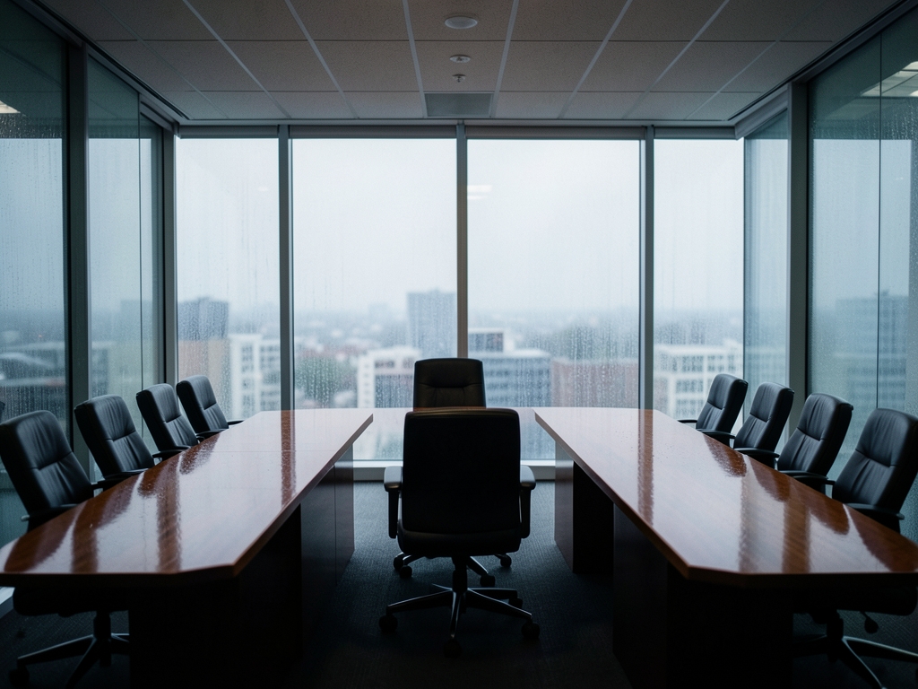 dimly glass walled conference room rainy afternoon pale gray