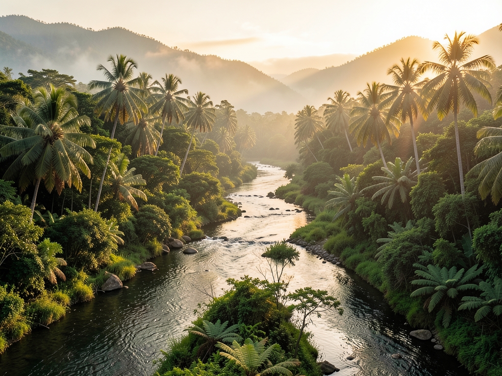 Forked river through lush Southeast Asian valley golden