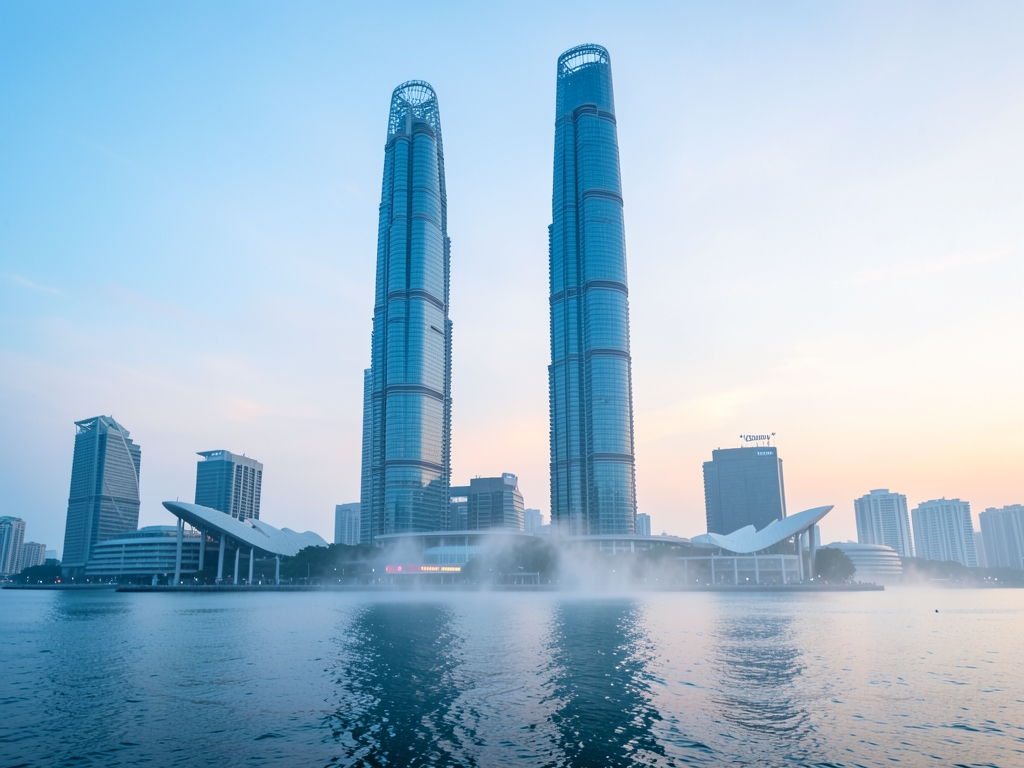 Glass financial towers Singapore dawn with misty harbor