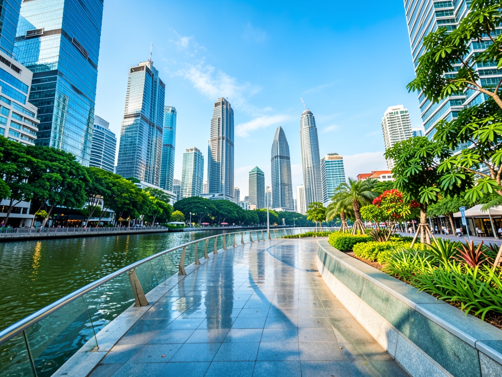Singapore river walkway curving toward modern skyline under