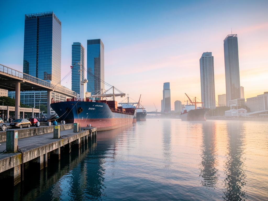 Modern harbor early morning with steel cargo ships
