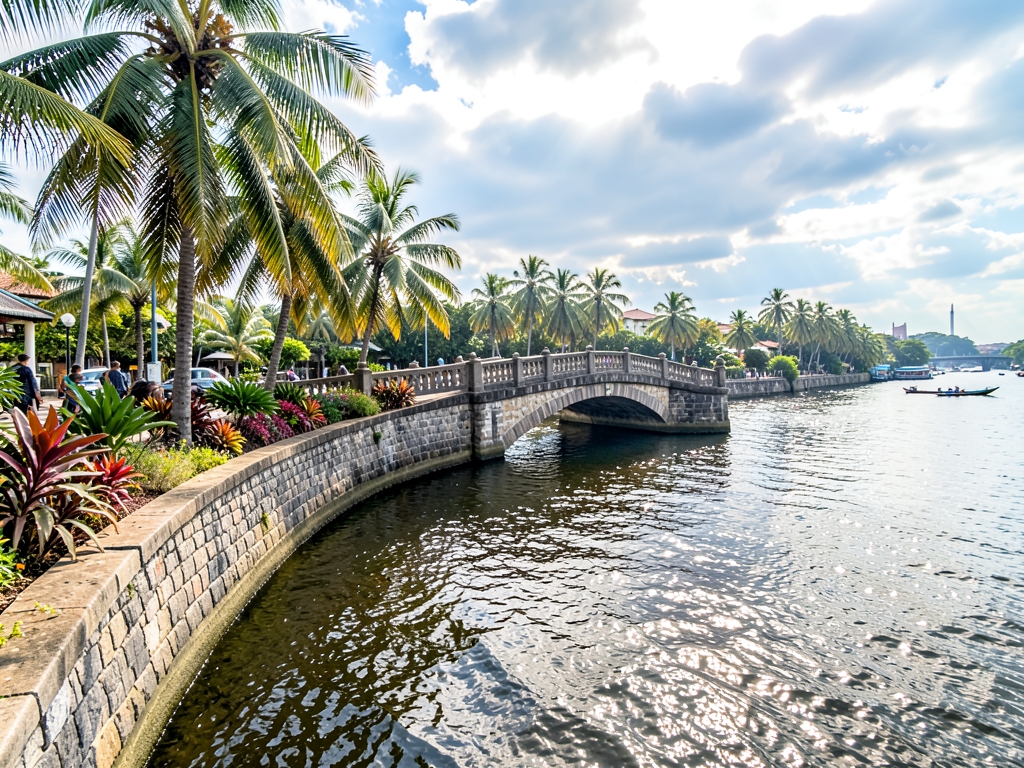 Tropical riverfront cityscape with curving bridges stone embankments