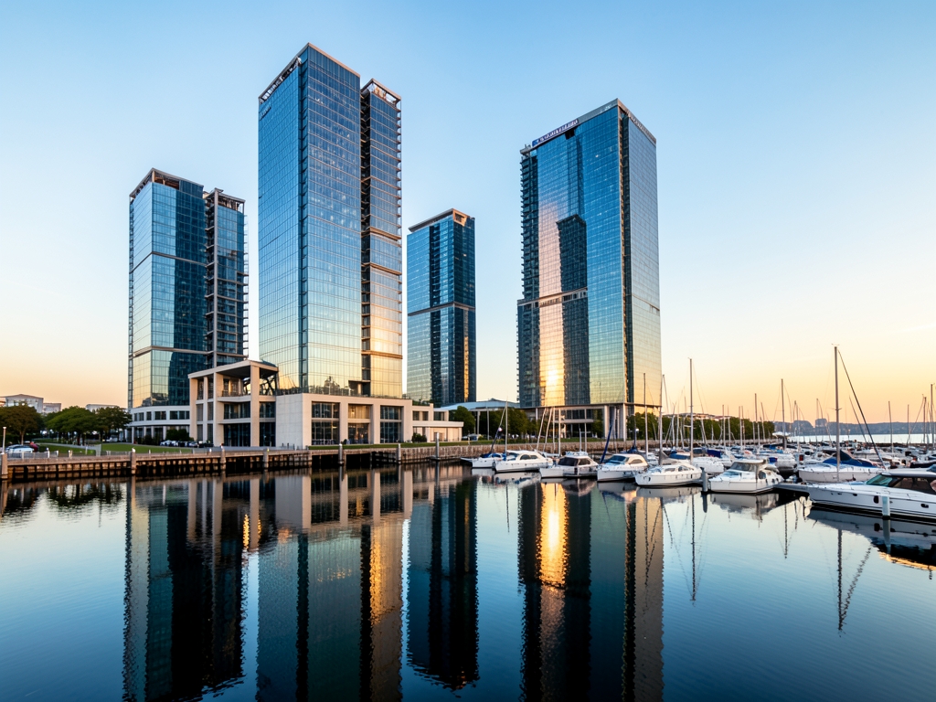 Glass financial towers beside calm marina early morning