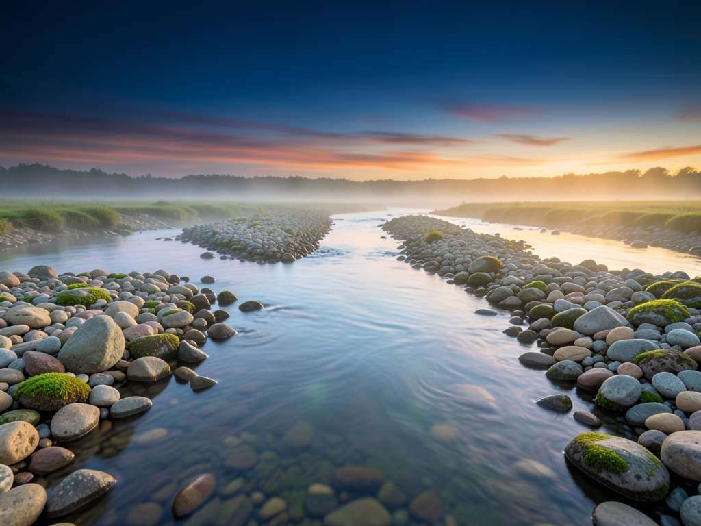 Forked river estuary with diverging channels dusk gentle