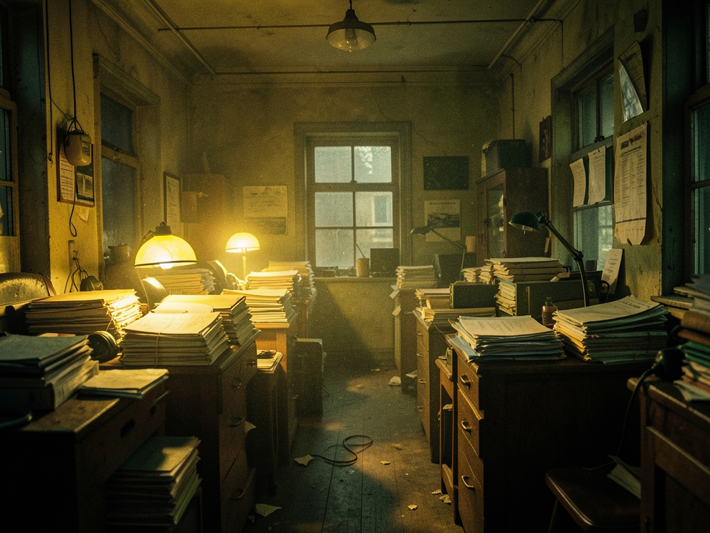 cramped office with wooden desks stacked with paper