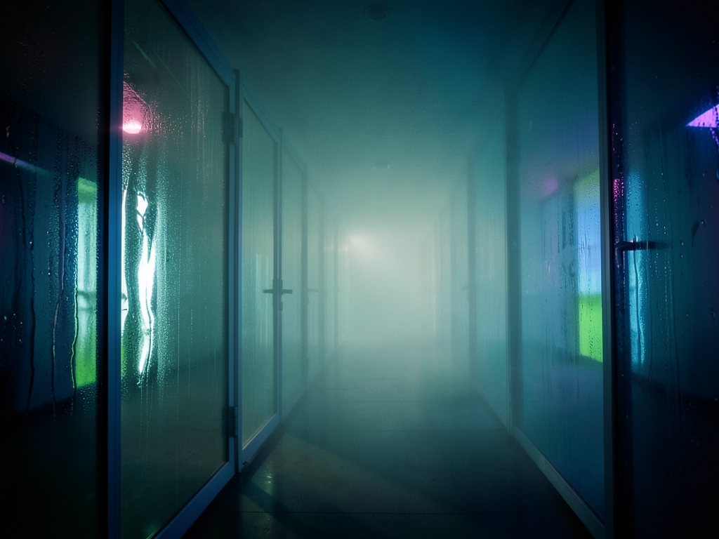 Line endless corridor identical glass doors reflecting distorted