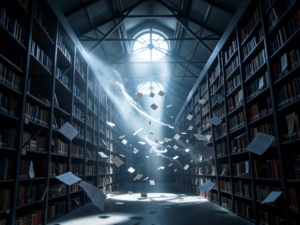 immense archive hall with endless iron racks steel