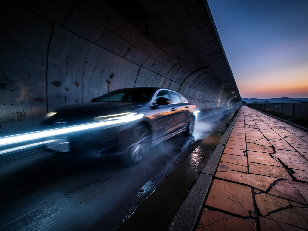 lightning fast hydraulic crossing dark concrete tunnel trajectory blurred