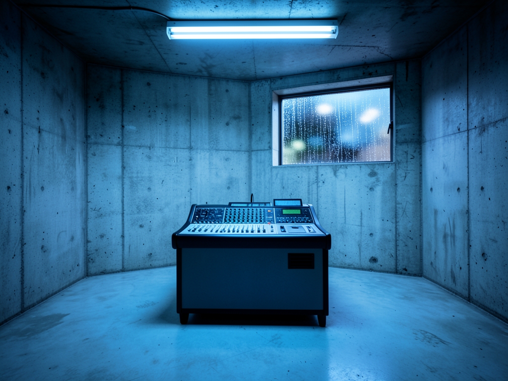 cold windowless concrete room harsh overhead fluorescent panels