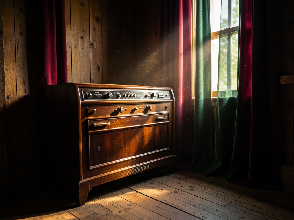 dimly wooden room with warm amber light spilling