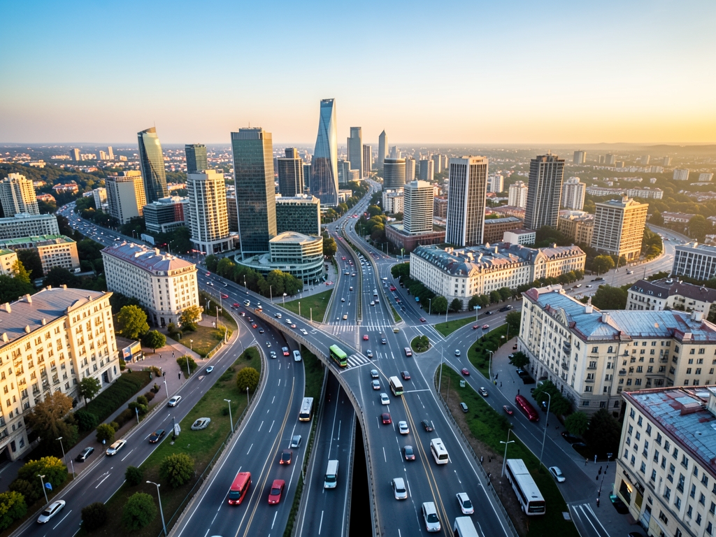 Wide aerial view highways converging toward city center