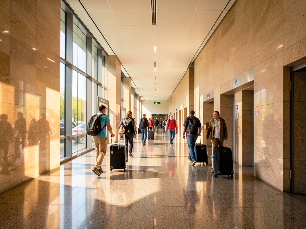 Sunlit terminal corridor with sleek stone walls travelers