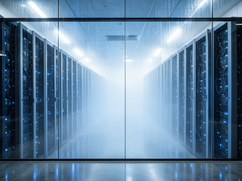 vast glass walled data hall glowing with soft blue