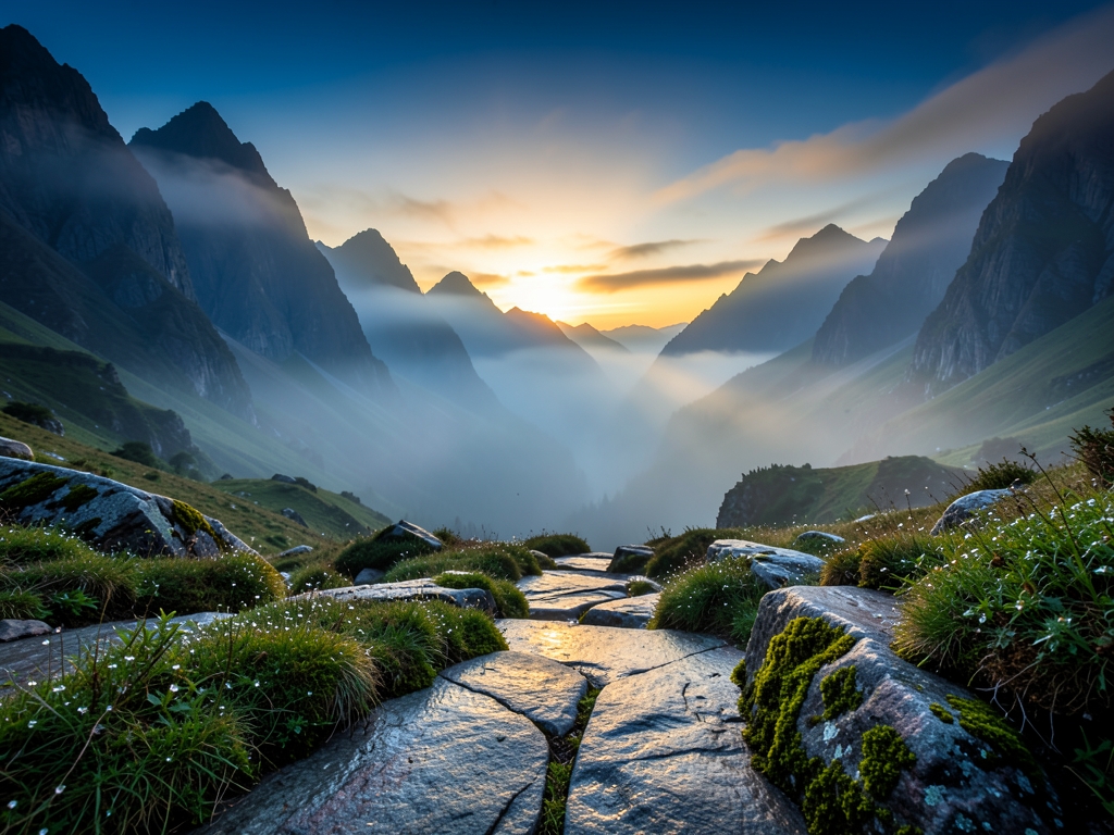 misty mountain valley dawn warm golden light slowly