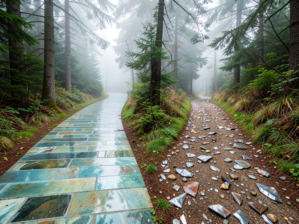 misty forest path splits into trails paved with