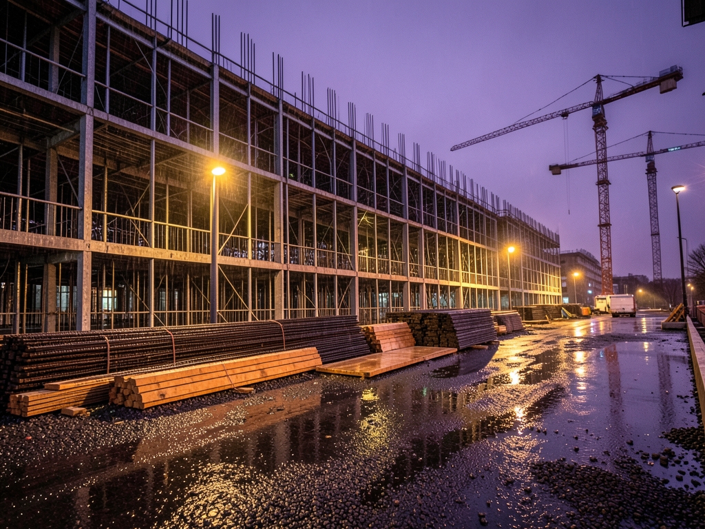rain washed evening over multi story building under steel skeleton
