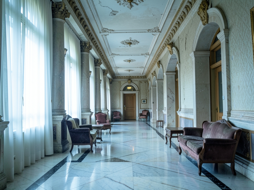 long corridor grand hotel lobby with polished marble