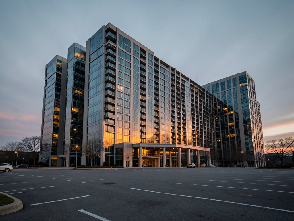vast modern hotel complex Charlotte dusk glass steel