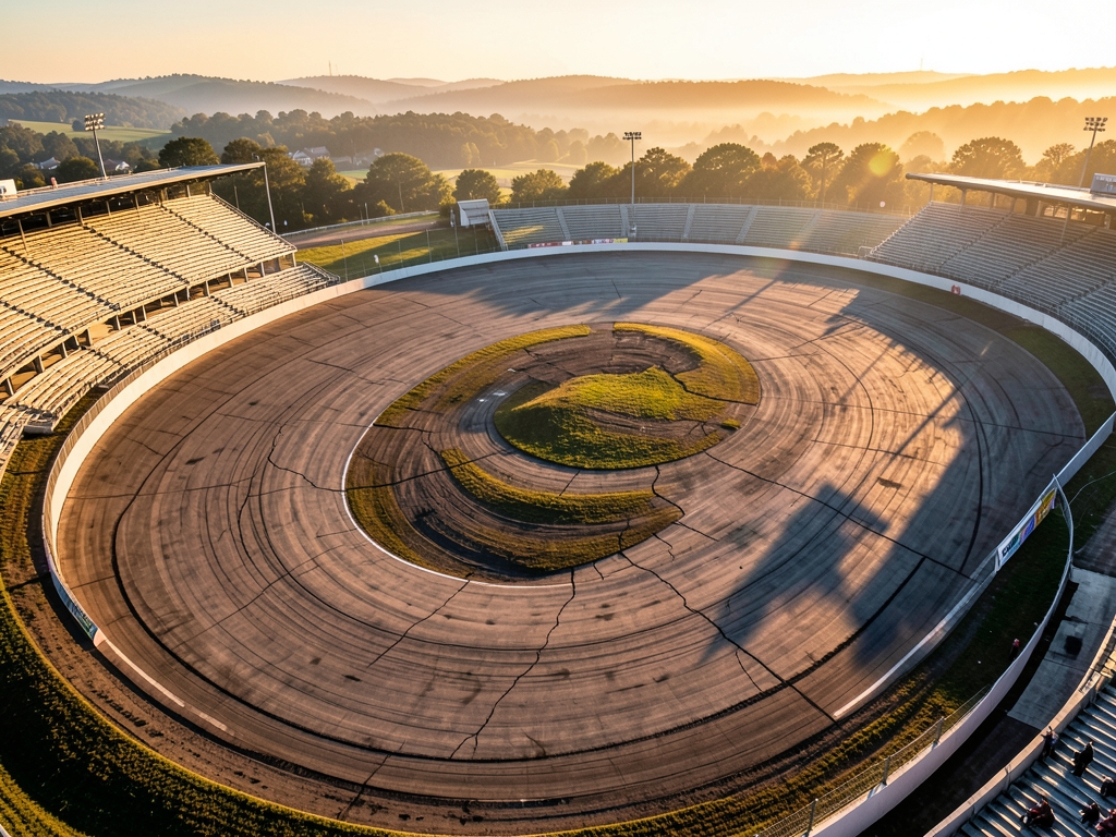 Wide aerial view vast oval speedway golden hour