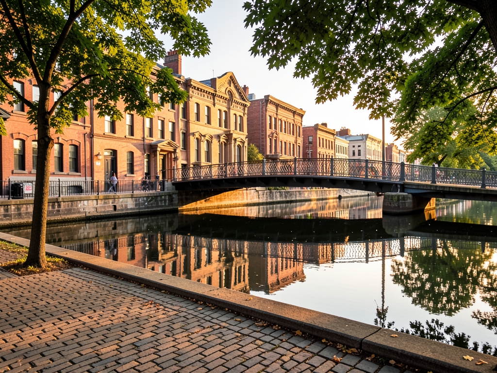 Providence riverfront golden hour historic brick buildings pedestrian