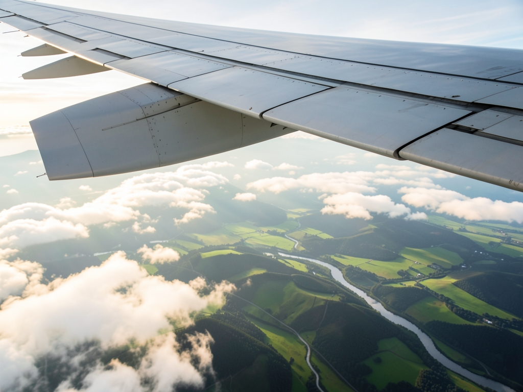 Aerial view commercial airplane wing above layer soft
