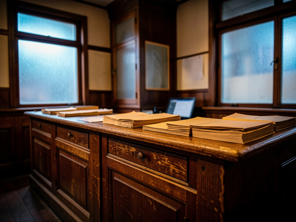 post office interior with aged sorting counters stacks