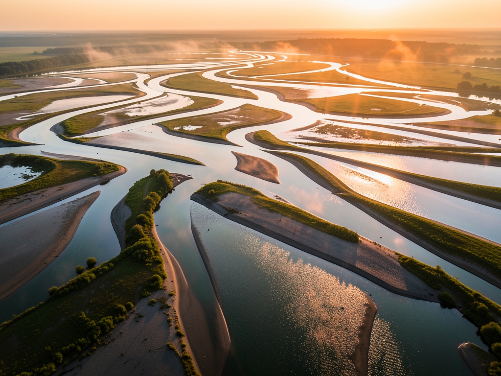 Aerial view braided river delta golden dusk water