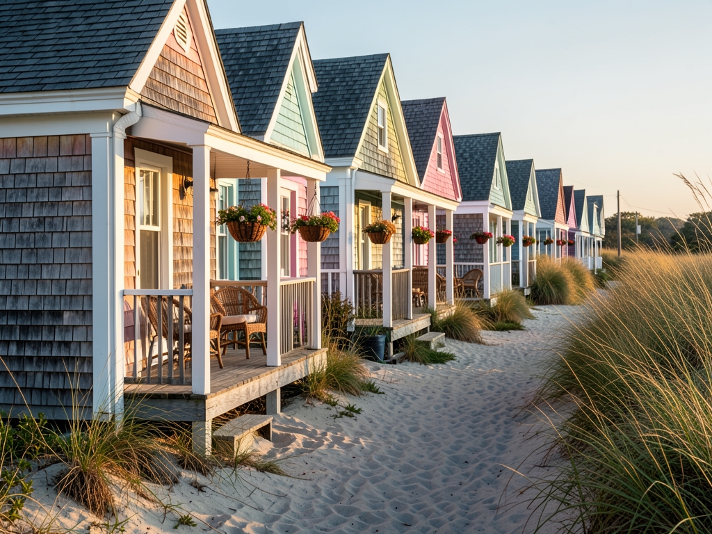 Weathered cedar shingle beach cottages with white trim line