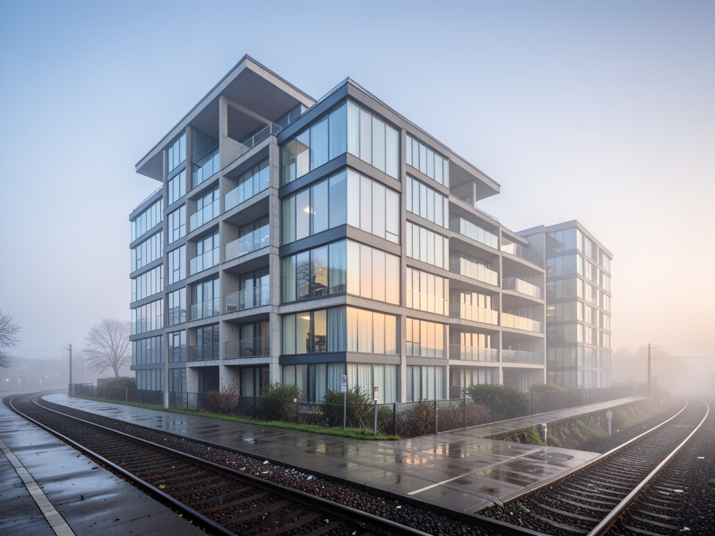 Modern glass concrete mid rise apartment complex near curving