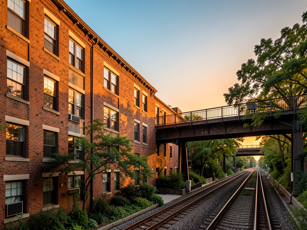Chicago brick courtyard apartment building beside elevated rail