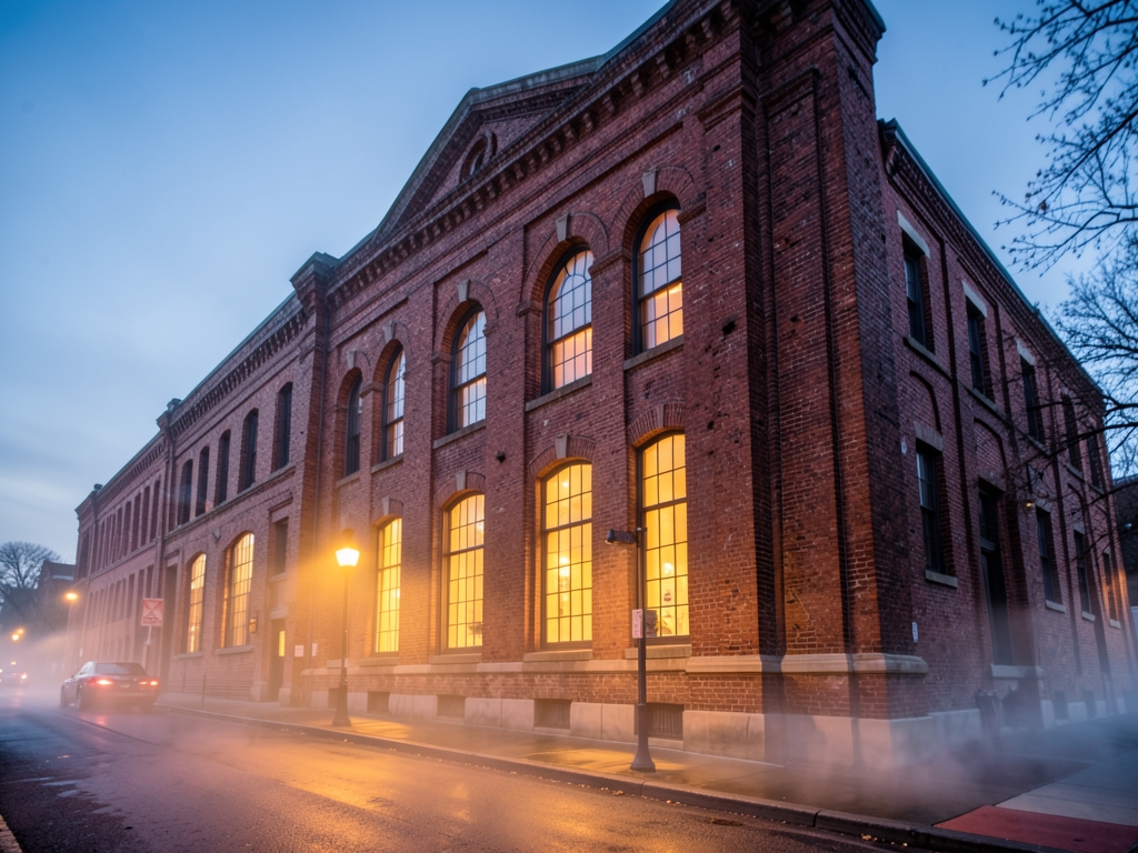 Brick facade Chicago Logan Arts Center twilight with