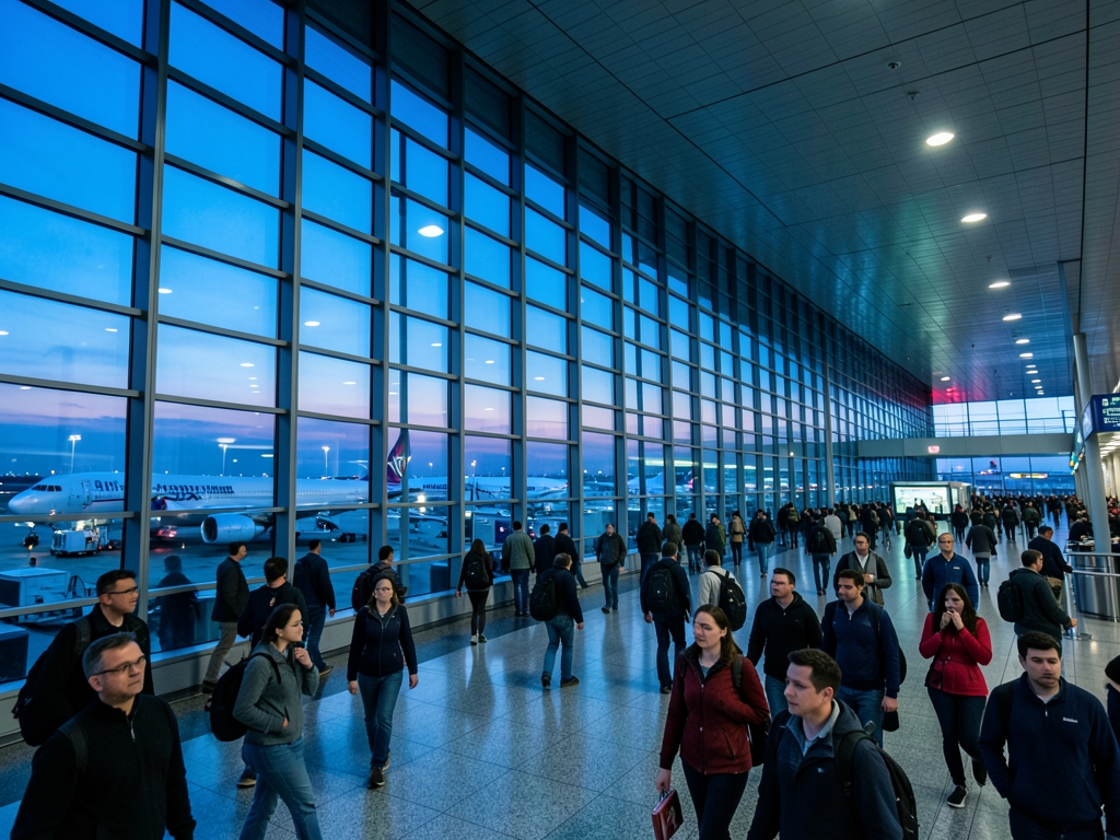 Wide view Chicago O Hare terminal dusk with glass