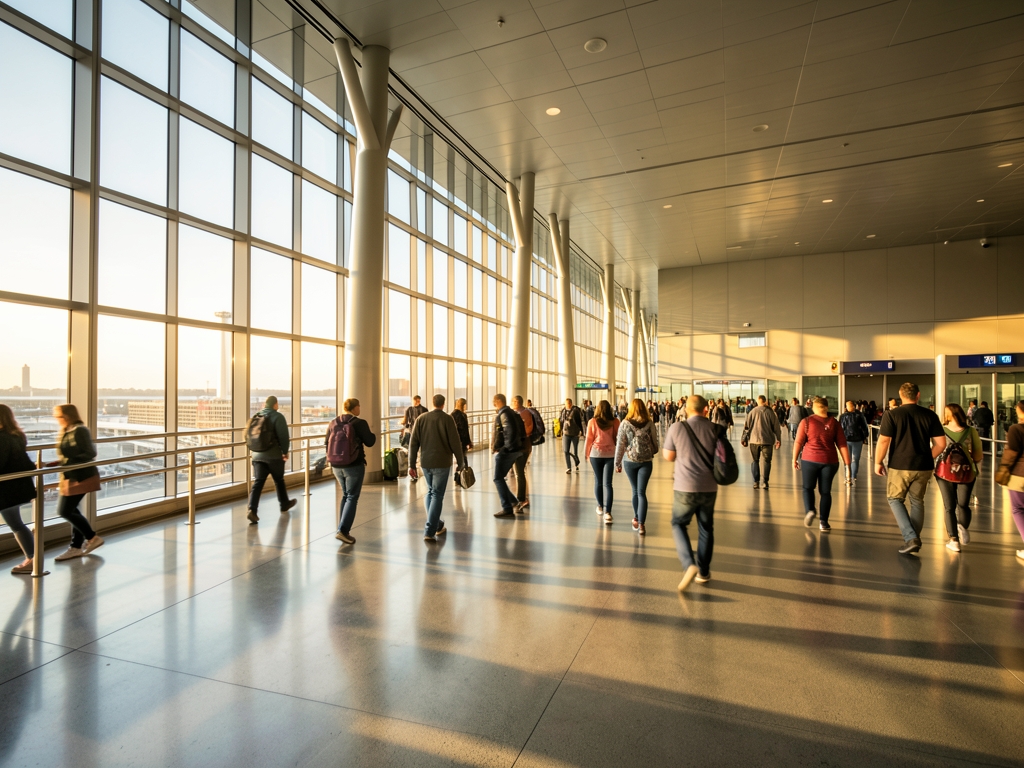 Sunlight streams through large windows modern Chicago terminal