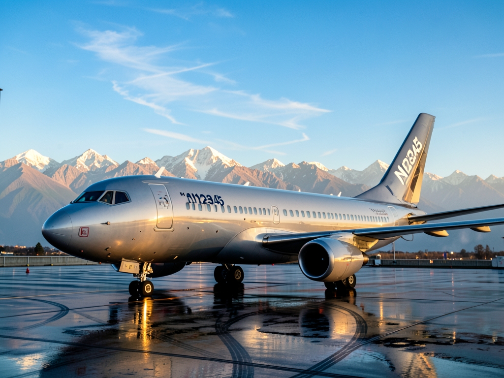 sleek airplane sits tarmac Denver under bright blue