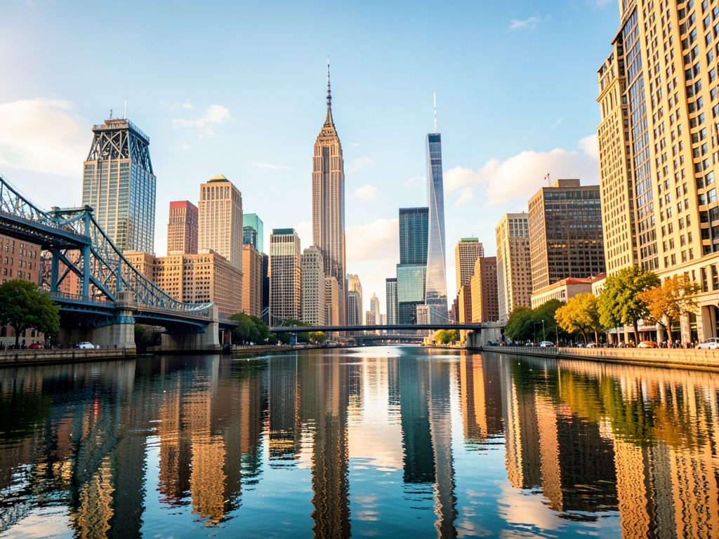 Chicago river steel skyscrapers under bright summer afternoon