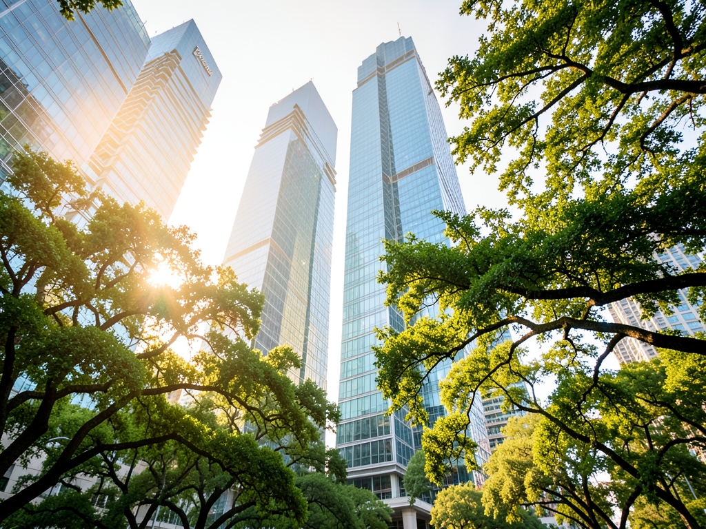 Houston glass downtown towers surrounded green live oaks
