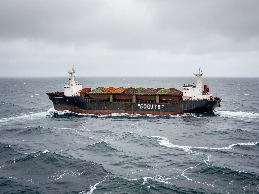 lone cargo vessel cutting through grey choppy seas