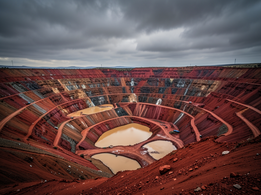 sprawling open pit mine carved into arid earth under