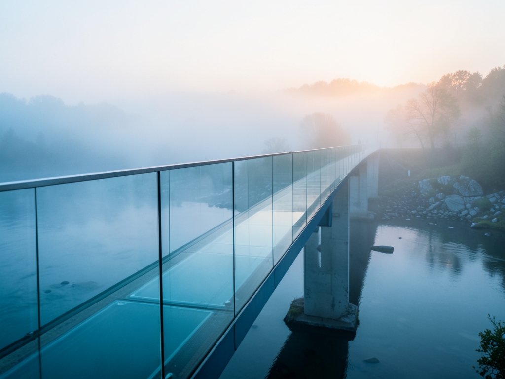 slender glass bridge spanning misty river dawn with