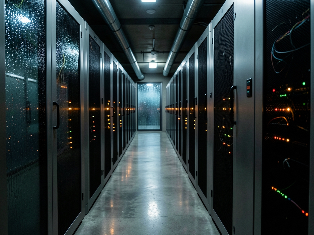 underground server corridor with brushed metal racks faint