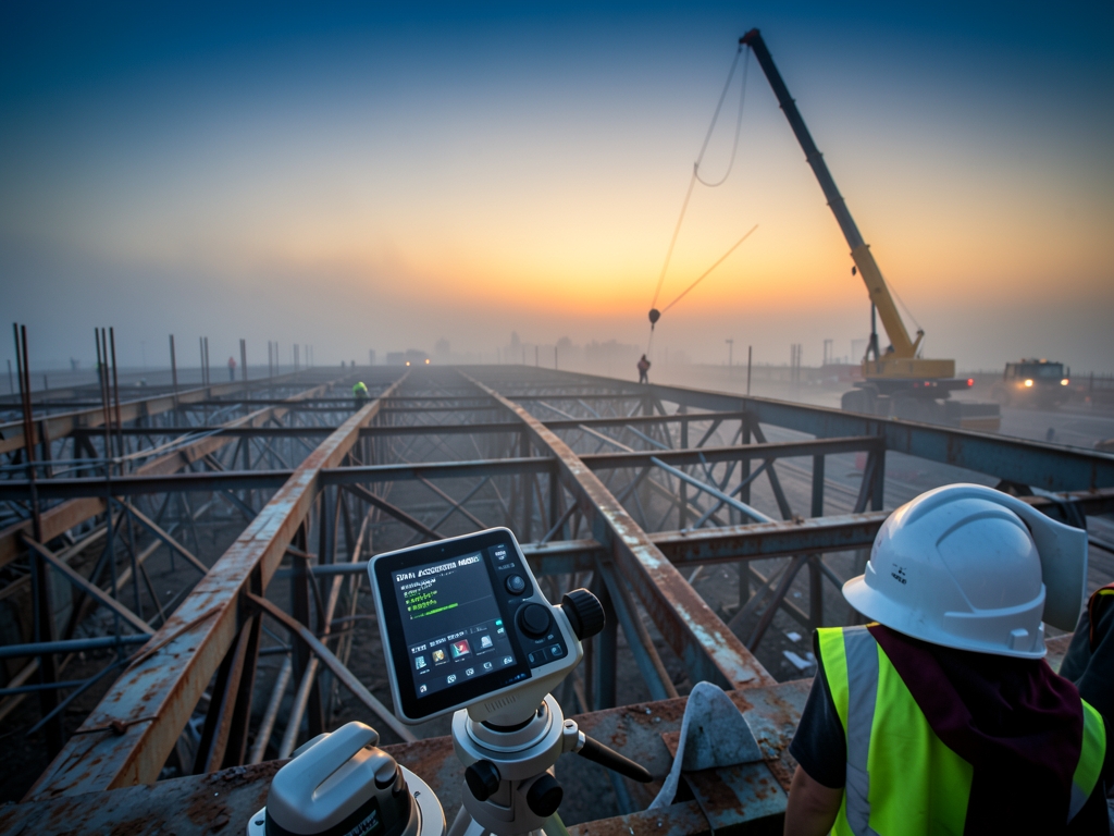 Bridge construction site dawn with steel girders scaffolding