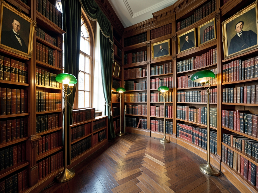 Quiet library with shelves brass lamps leather volumes