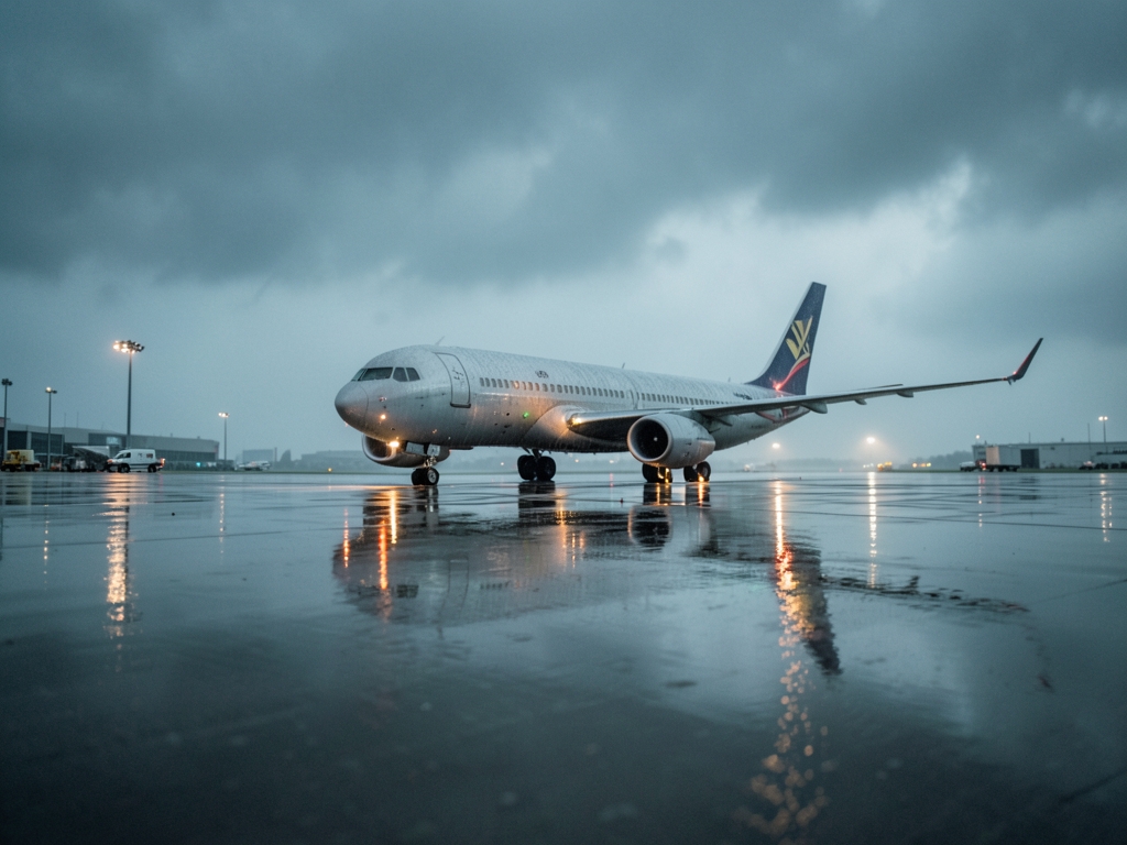 Rain soaked airport tarmac beneath heavy grey clouds lone