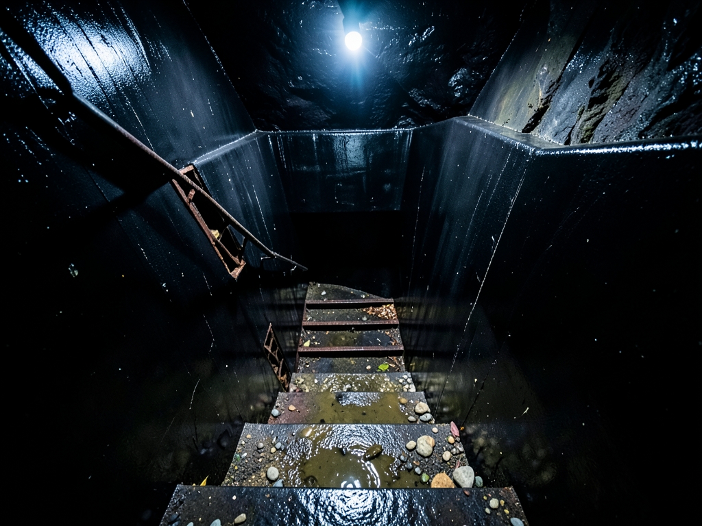 deep descending stairwell carved into unlit mountainside where
