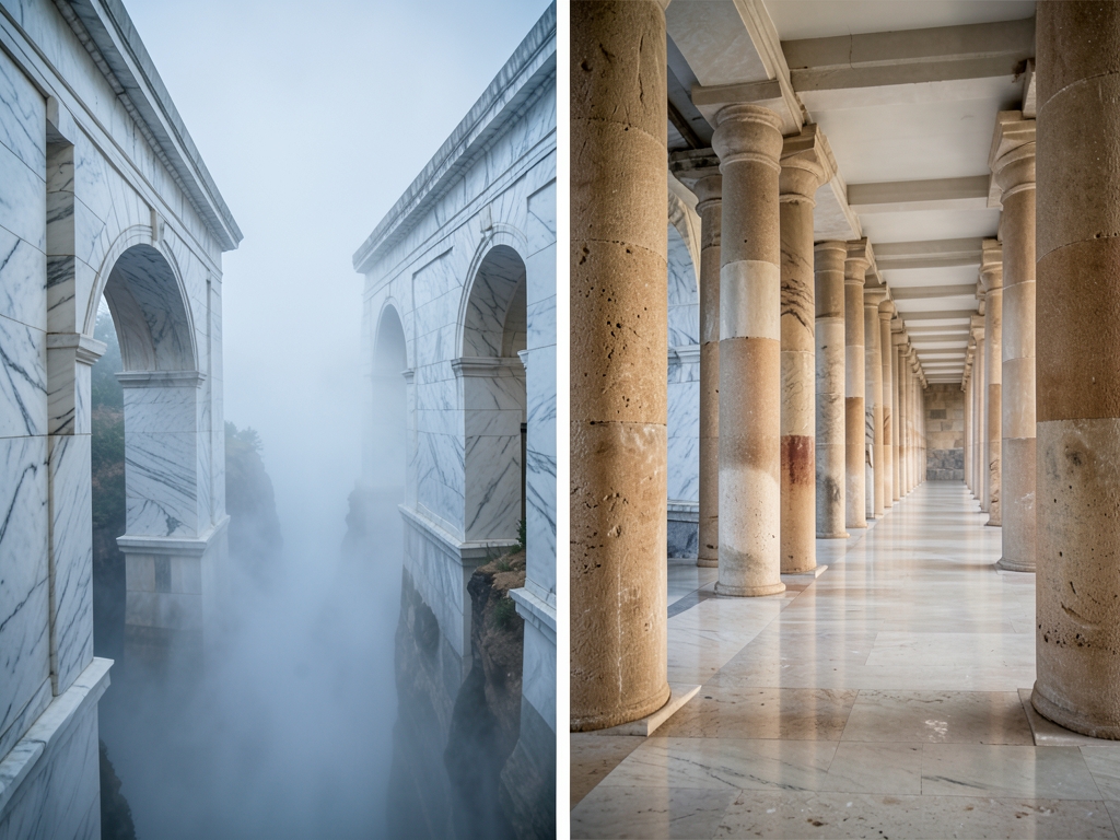 marble archways standing opposite sides misty ravine pale