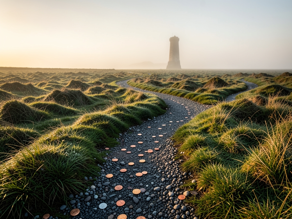 Three narrow gravel footpaths splitting across windswept moor