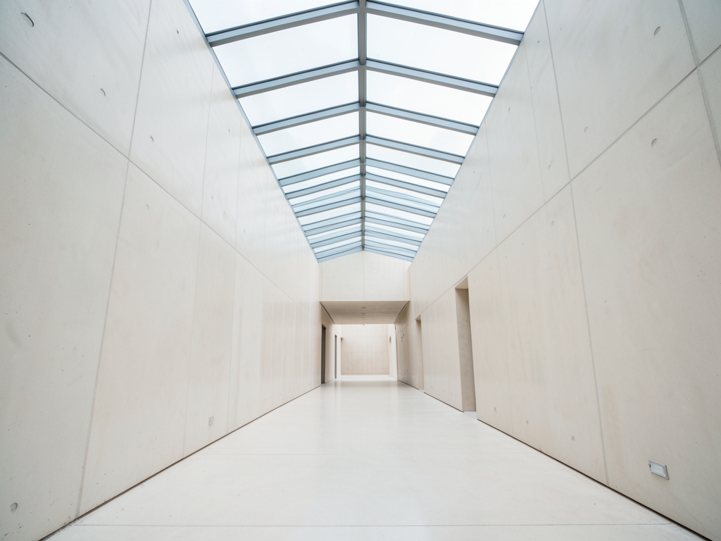 sleek modern atrium with pale concrete walls diffused